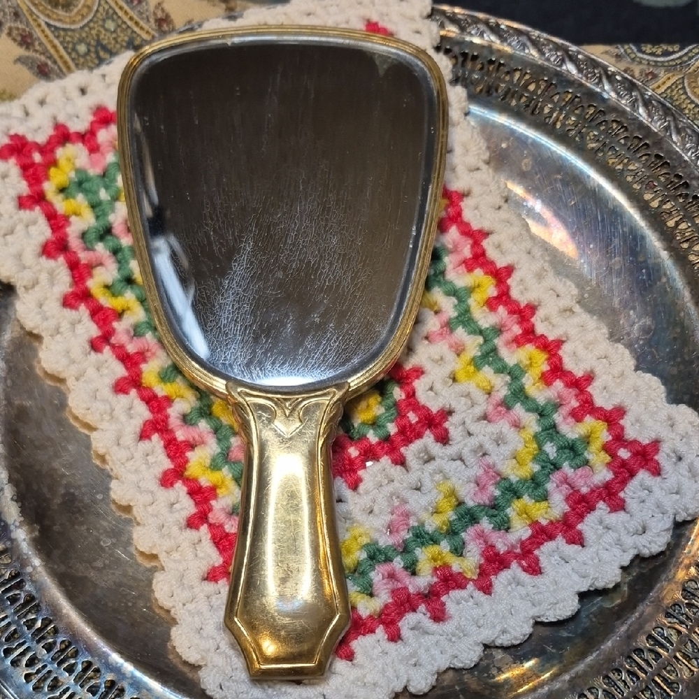 Art Deco Gold Tone And Faux Wood Hand Mirror
